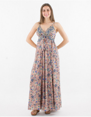 Robe longue évasée femme à ceinture motif coloré bohème rose de petites fleurs