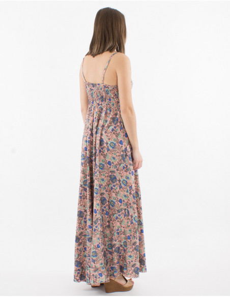 Robe longue fluide à bretelles réglables originale avec imprimé coloré rose de petites fleurs et col V féminin