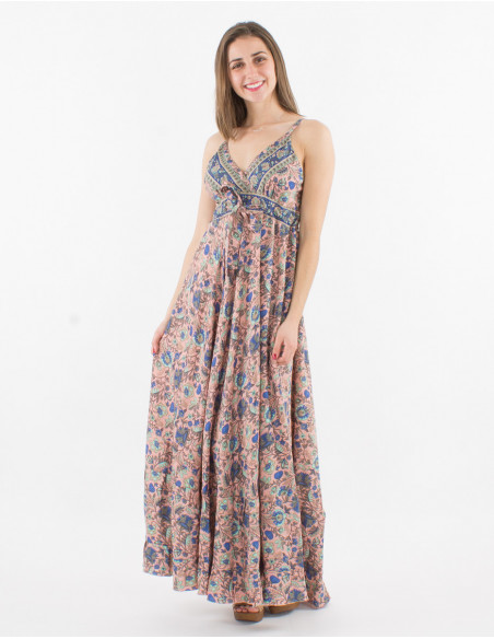Robe longue à bretelles bohème avec col v sexy et ceinture à imprimé fleuri pivoine rose