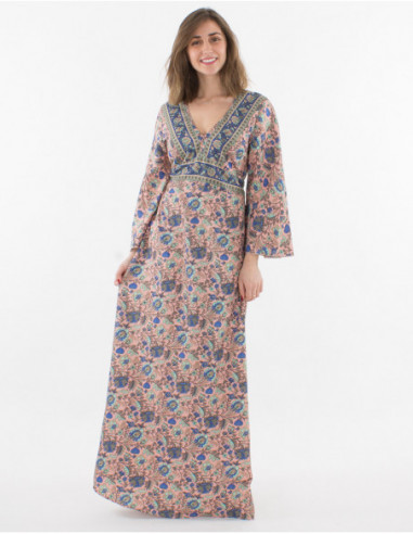 Robe longue à manches longues coupe kimono évasée féminine avec motif boho chic fleuri rose