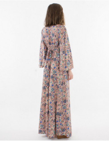 Robe longue évasée à manches longues amples femme fluide pour l'été à imprimé bohème fleuri rose