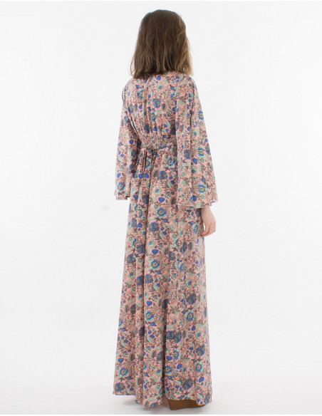 Robe longue évasée à manches longues amples femme fluide pour l'été à imprimé bohème fleuri rose