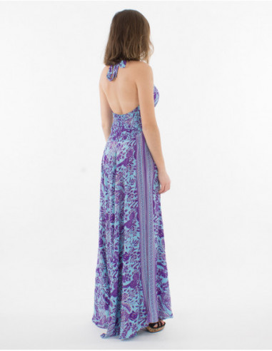 Robe longue à nouer dans le cou élégante pour l'été à imprimé  bleu turquoise végétal boho chic