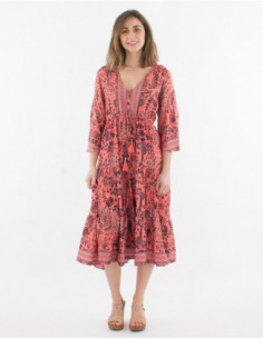 Robe mi longue femme à manches 3/4 fluide boho chic avec imprimé végétal fleurs et feuilles rose saumon