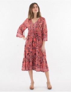 Robe mi longue femme à manches 3/4 fluide boho chic avec imprimé végétal fleurs et feuilles rose saumon 2