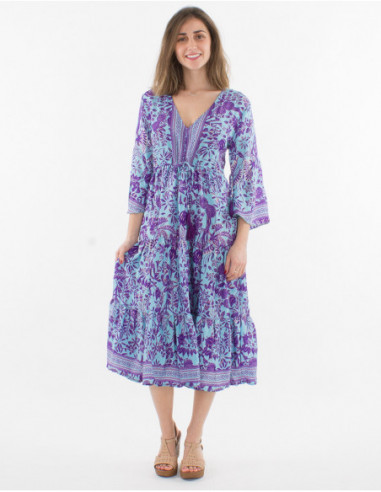 Robe mi longue femme à manches 3/4 fluide boho chic avec imprimé végétal fleurs et feuilles rose saumon