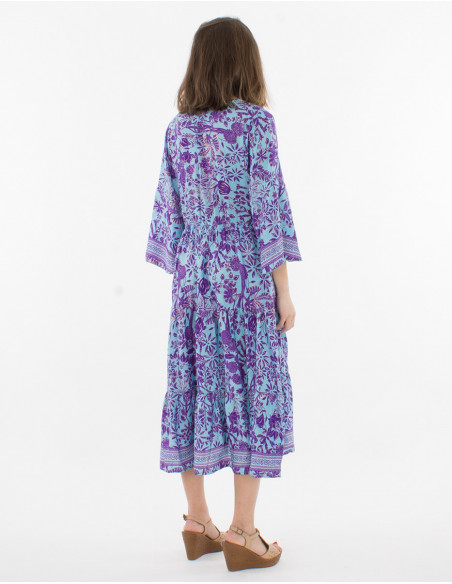 Robe midi bohème incontournable avec manches 3/4 et détails pompons à imprimé fleuri bleu turquoise