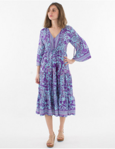 Robe mi longue femme à manches 3/4 fluide boho chic avec imprimé végétal fleurs et feuilles bleu turquoise