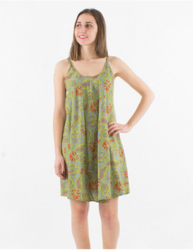 Robe courte coupe trapèze basique à bretelles et col rond imprimée floral hippie vert