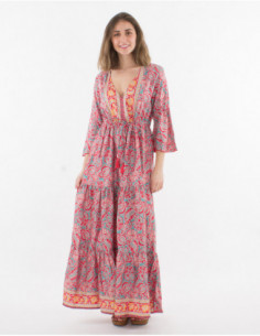 Robe longue à manches 3/4 volantées fluide pour l'été avec col v féminin et motif coloré hippie fleuri rose 2