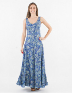 Robe longue féminine à volants et col v sexy fluide et légère imprimée boho chic bleu et touches argentées 2