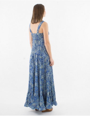 Robe longue volantée et bretelles marcel pour femme imprimé bohème chic feuilles bleu