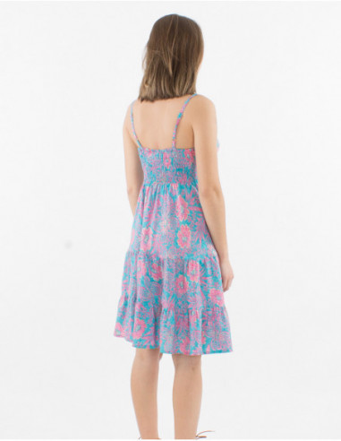 Robe légère et fluide courte à volants et bretelles à motif rose de fleurs tropicales