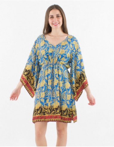 Robe courte fluide et évasée avec manches longues style kimono pour femme à imprimé baba cool bariolé bleu petrole