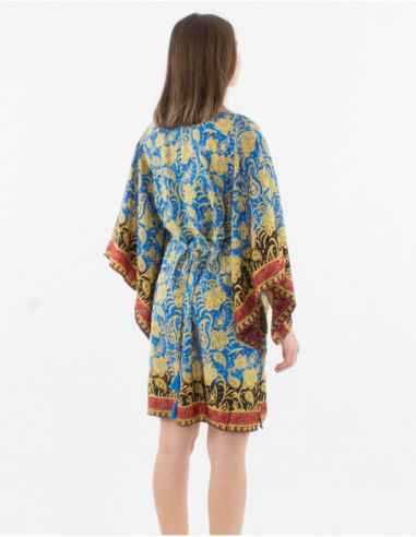 Robe courte poncho d'été à manches longues larges et col V avec motif baba cool original bleu pétrole