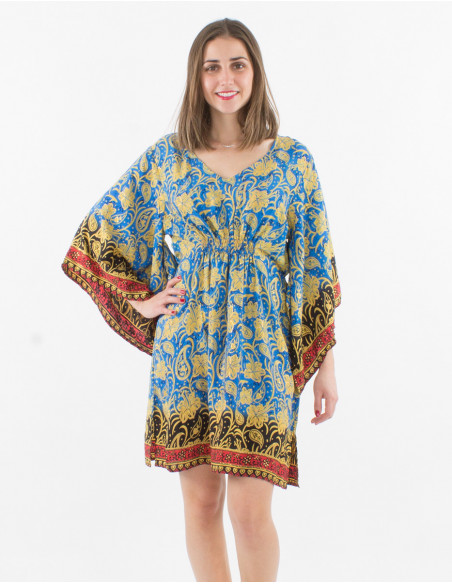 Robe courte poncho manches longues évasées féminine et originale avec motif coloré bleu pétrole