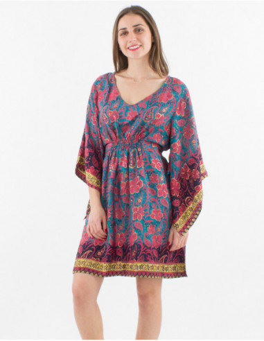 Robe courte fluide et évasée avec manches longues style kimono pour femme à imprimé baba cool bariolé bleu marine