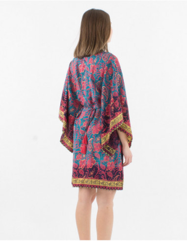 Robe courte poncho d'été à manches longues larges et col V avec motif baba cool original bleu marine