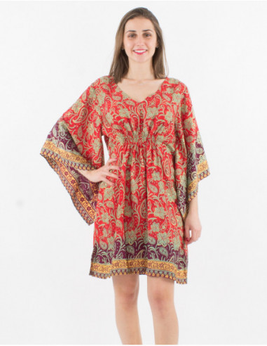 Robe courte poncho d'été à manches longues larges et col V avec motif baba cool original rouge