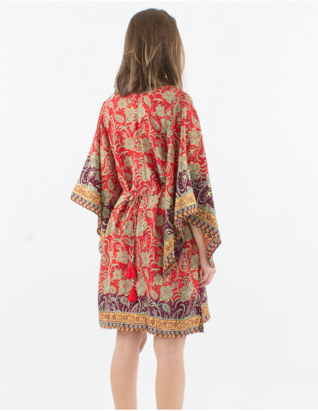 Kimono tunic with ties hibiscus pattern