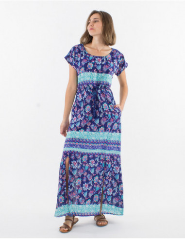 Robe longue de plage fendue avec poches et manches courtes imprimé bleu marine fleuri bohème