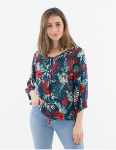 Blouse fluide bleu marine imprimée fleurs hawaïennes femme