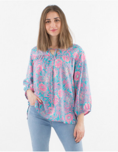 Blouse droit et fluide rose pour femme à manches 3/4 avec imprimé fleurs tropicales