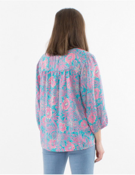 Haut d'été à manches 3/4 ballon et col avec liens couleur estivale rose et fleurs hawaïennes originales