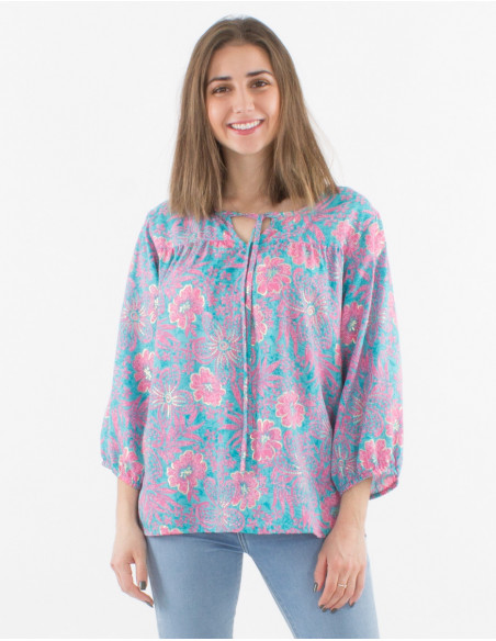 Chemisier à manches 3/4 pour femme léger pour l'été coloré rose avec grosses fleurs tropicales hawaïennes