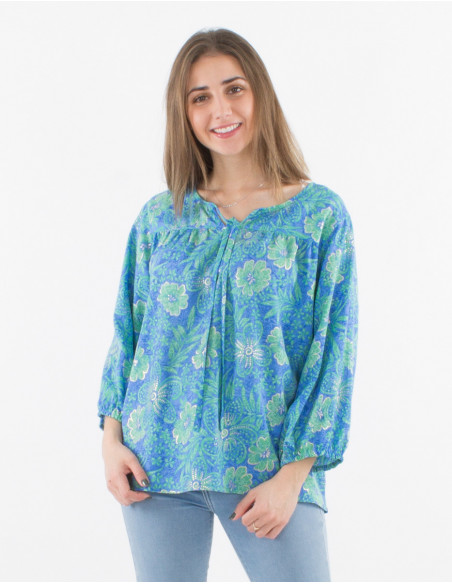 Golden hibiscus blouse with 3/4 sleeves