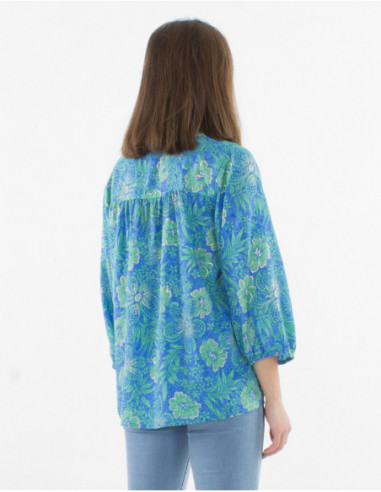 Blouse droit et fluide bleu turquoise pour femme à manches 3/4 avec imprimé fleurs tropicales