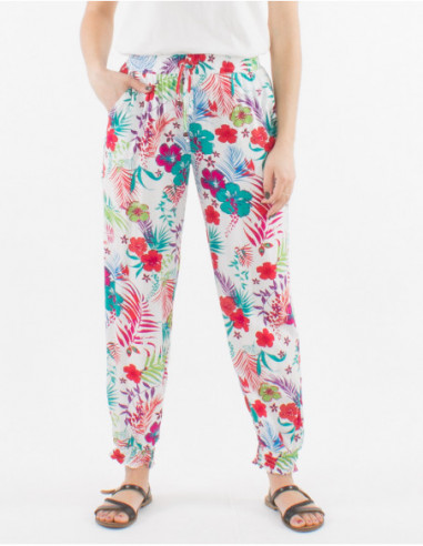 Pantalon léger élastiqués aux chevilles pour femme blanc avec fleurs colorées tropicales