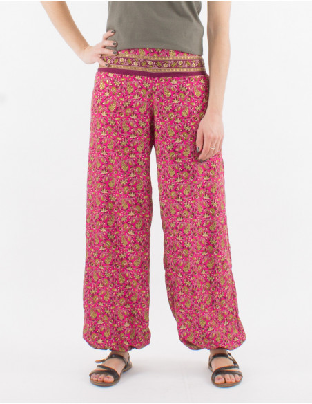 Pantalon Aladin large femme large ceinture et élastiques aux chevilles original rose fuchsia motif indien