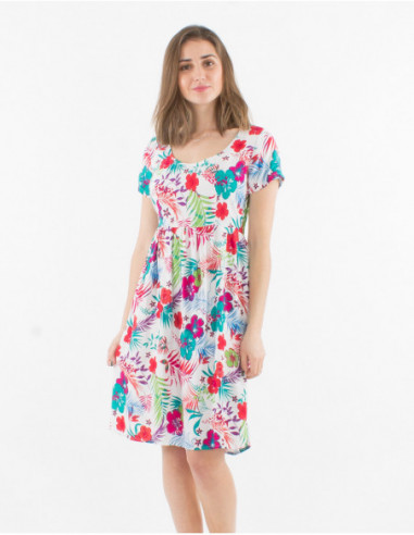 Robe courte simple blanche avec imprimé fleurs colorées manches courtes pour femme