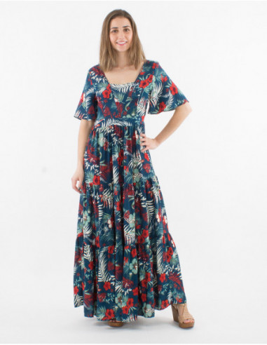 Robe longue d'été bohème marine pour femme fleurs tropicales