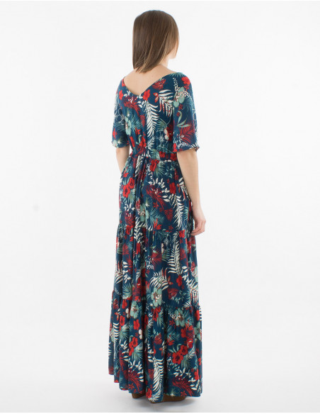Robe longue bleu marine hawaïenne femme col carré et manches volantées