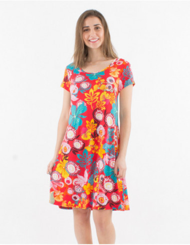 Robe courte droite noir à manches courtes pour femme avec imprimé fleuri original et coloré
