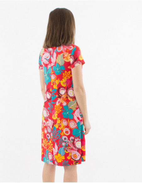 Robe courte droite rouge à manches courtes pour femme avec imprimé fleuri original et coloré