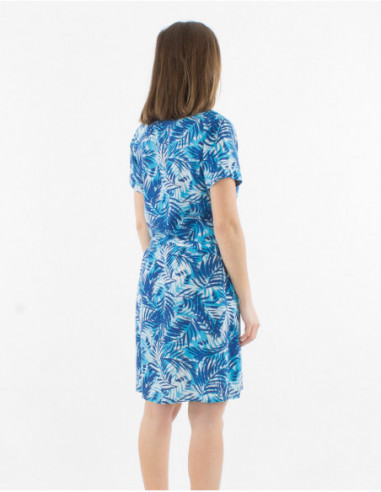 Robe courte à manches courtes femme en lin à imprimé bohème chic bleu feuilles