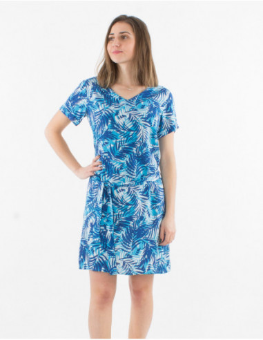 Robe femme d'été manches courtes lin motif coloré boho bleu