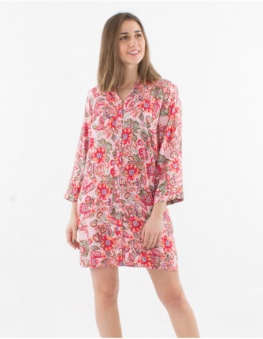Robe courte en viscose boutonnée manches 3/4 réglables bohème avec imprimé fleuri rose saumon