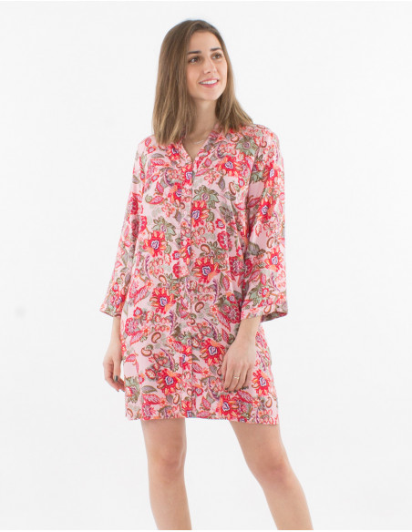 Short floral shirt dress 3/4 sleeves