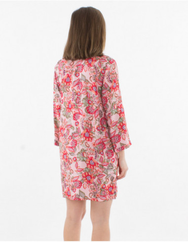 Robe chemise à manches 3/4 ajustables avec col V et fentes imprimé bohème fleuri rose saumon