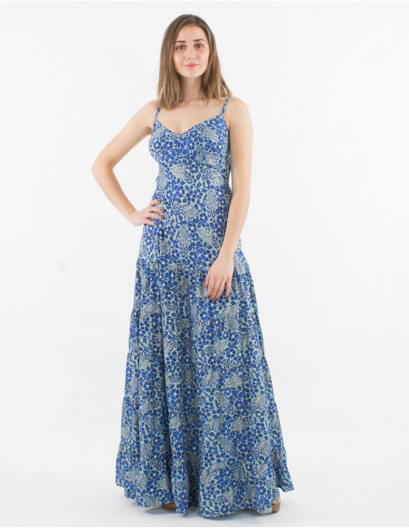 Robe longue fleurie avec volants et fines bretelles