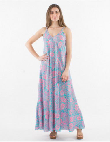 Robe longue basique évasée à fines bretelles réglables imprimée bleu turquoise et fleurs hawaïennes estivales