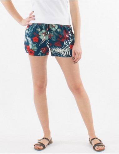 Short bleu marine hawaïen original pour femme coupe courte resserré à la taille