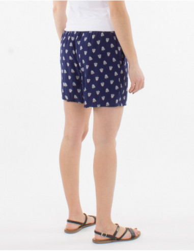 Short court femme léger et confortable avec liens à la taille et motif hippie chic de plumes bleu marine