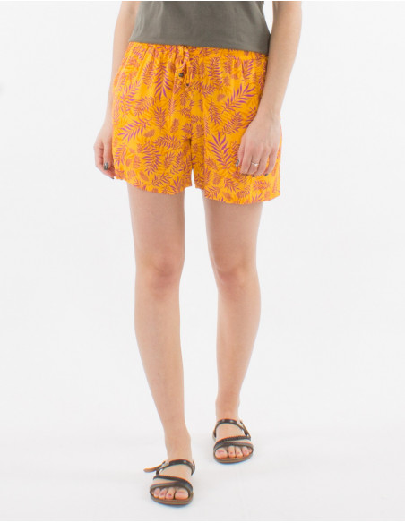Short court femme avec poches avant fluide et léger bohème chic avec imprimé feuilles jaune