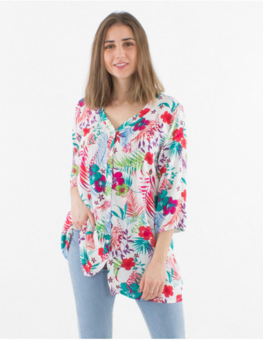 Tunique blanche femme fluide avec fleurs colorées originales