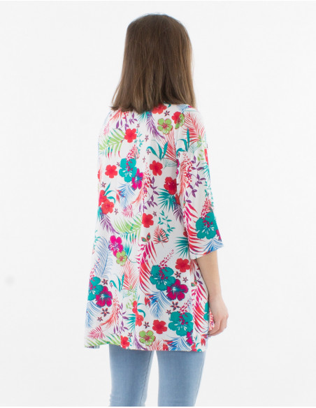 Tunique femme manches 3/4 blanche avec fleurs hawaïennes